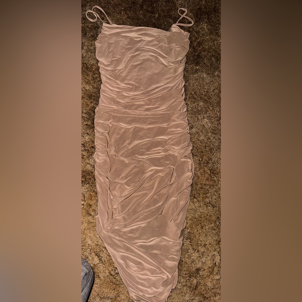 Elegant Asymmetrical Ruched Dress in Tan
